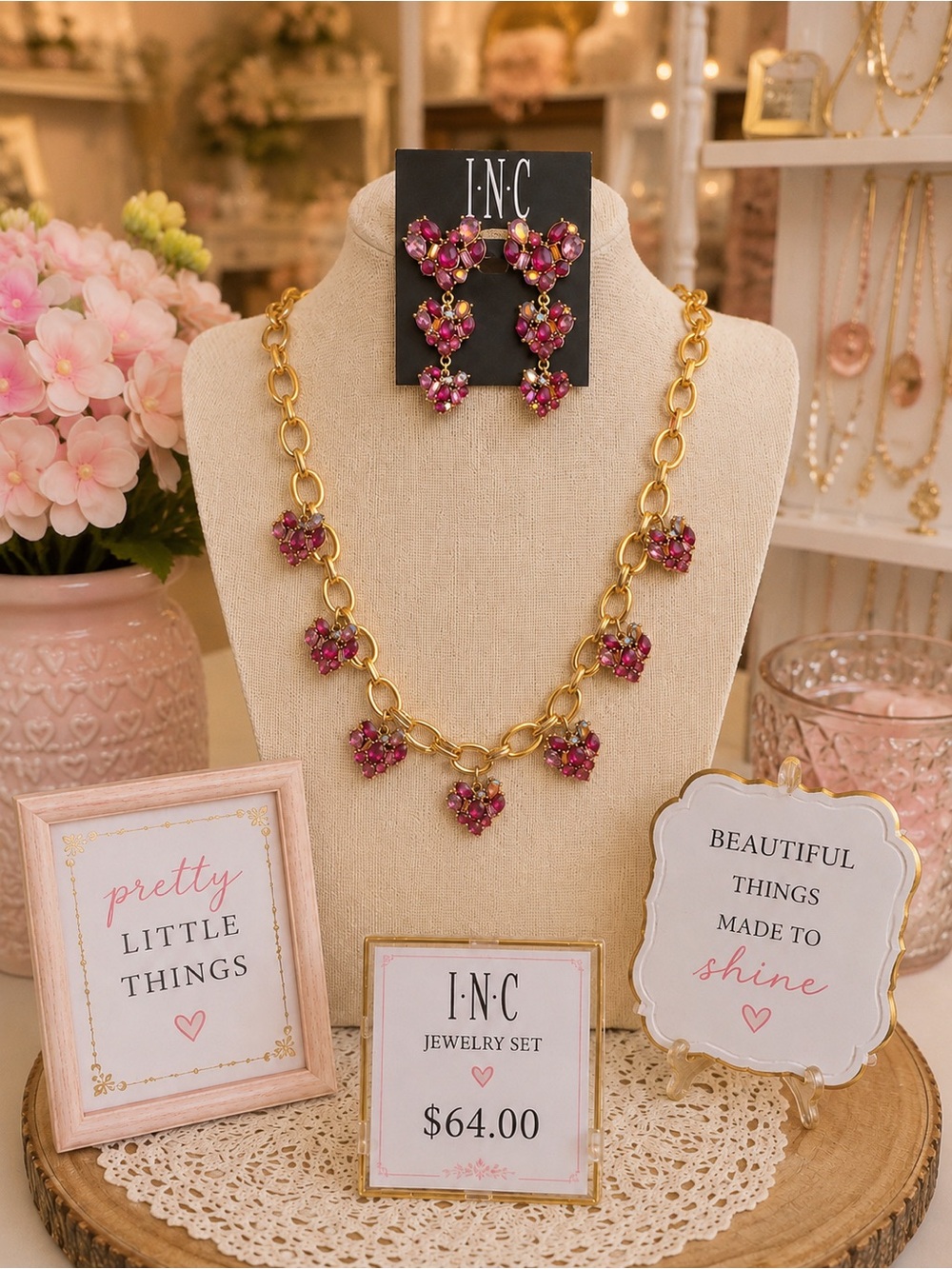 INC International Concepts Gold Chain Necklace & Pink Crystal Earrings Set